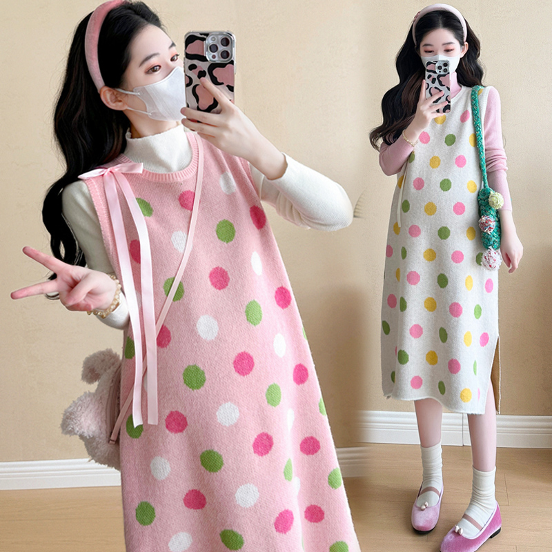 孕妇针织连衣裙i两件套秋冬季新款孕妇装中长款背心裙时髦网红裙