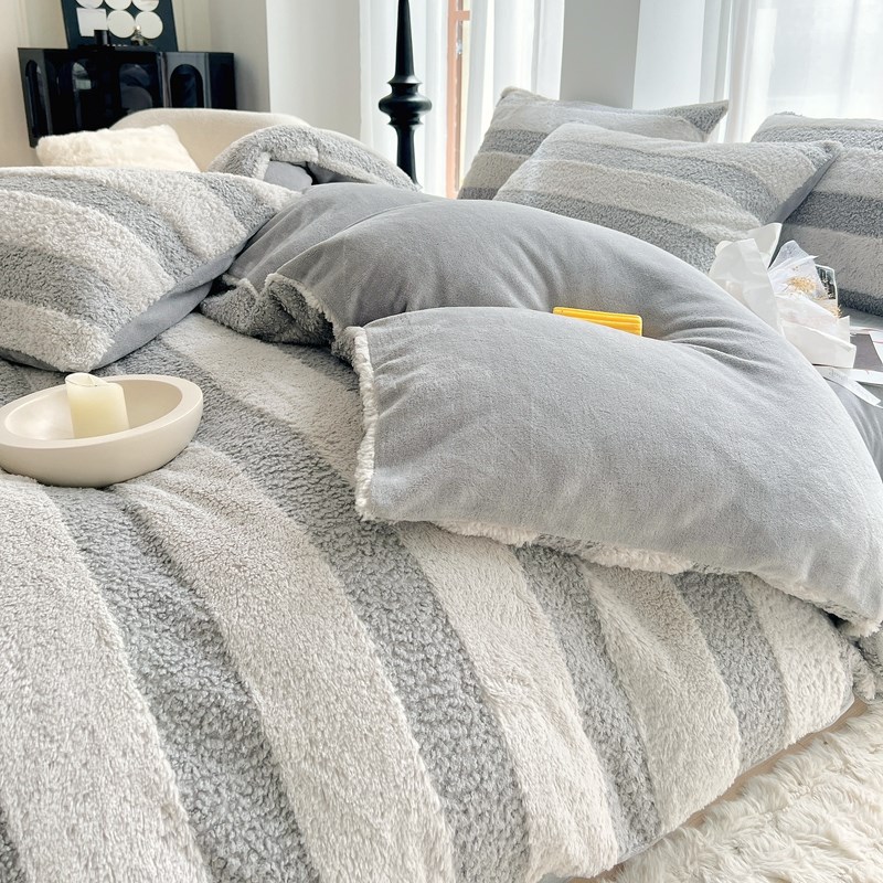A类 兔毛绒公主风牛奶绒四件套加厚保暖裸睡泰迪绒简约被套床单纯