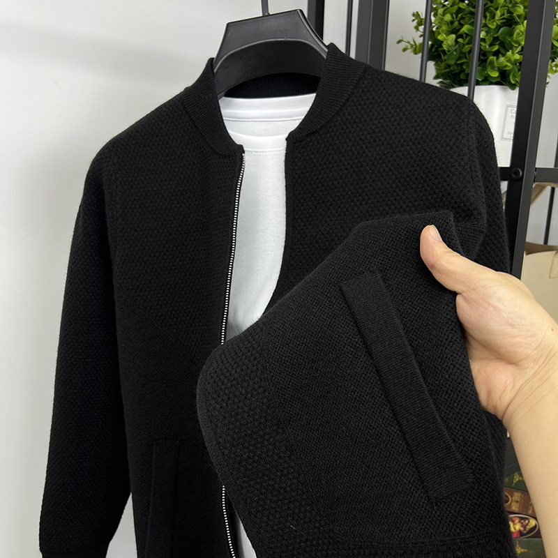 秋季男士针织开衫立领毛衣外套双拉链头潮流青年修身棒球服假口袋
