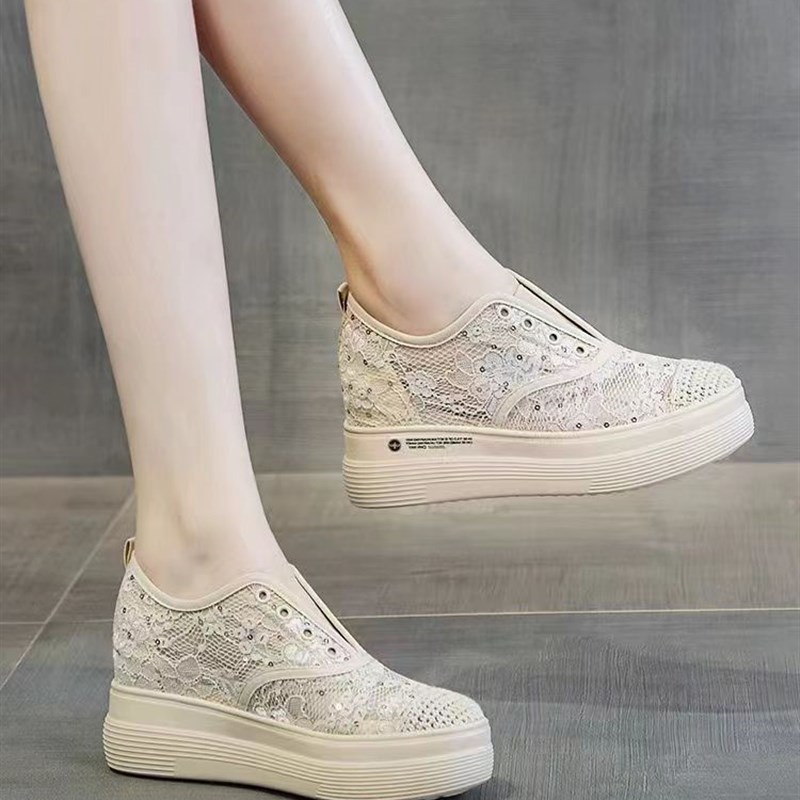 蕾丝网面渔夫鞋女内增高厚底透气2025新款夏季一脚蹬网鞋休闲女鞋