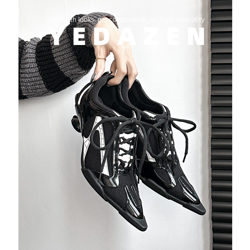 韩国小众黑色尖头透气休闲运动高跟鞋女粗跟2025新款气质深口单鞋