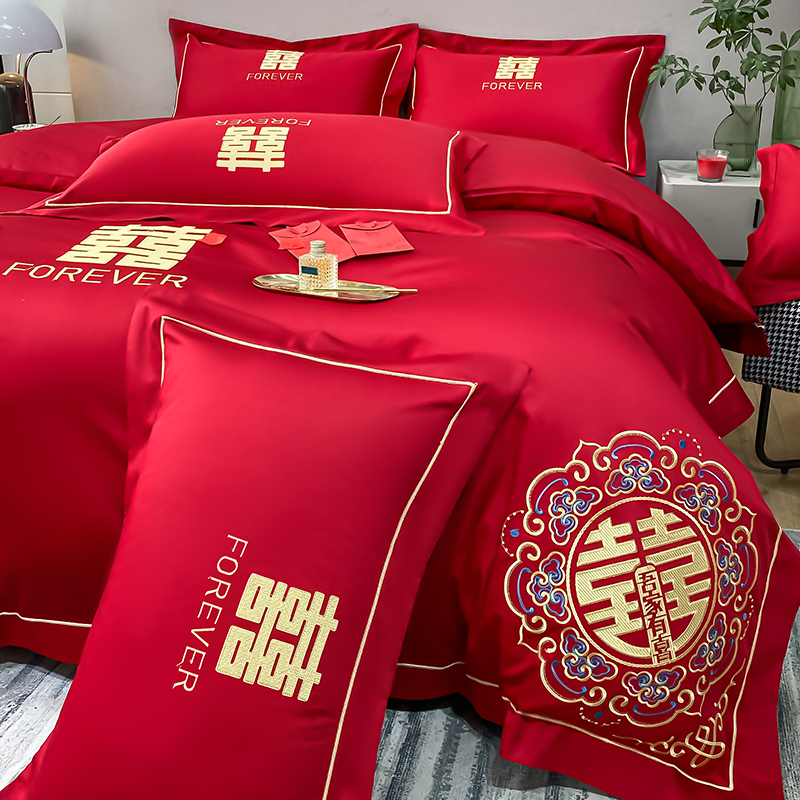 高档中式婚庆红色四件套全棉纯棉刺绣被套结婚房陪嫁床上用品床笠