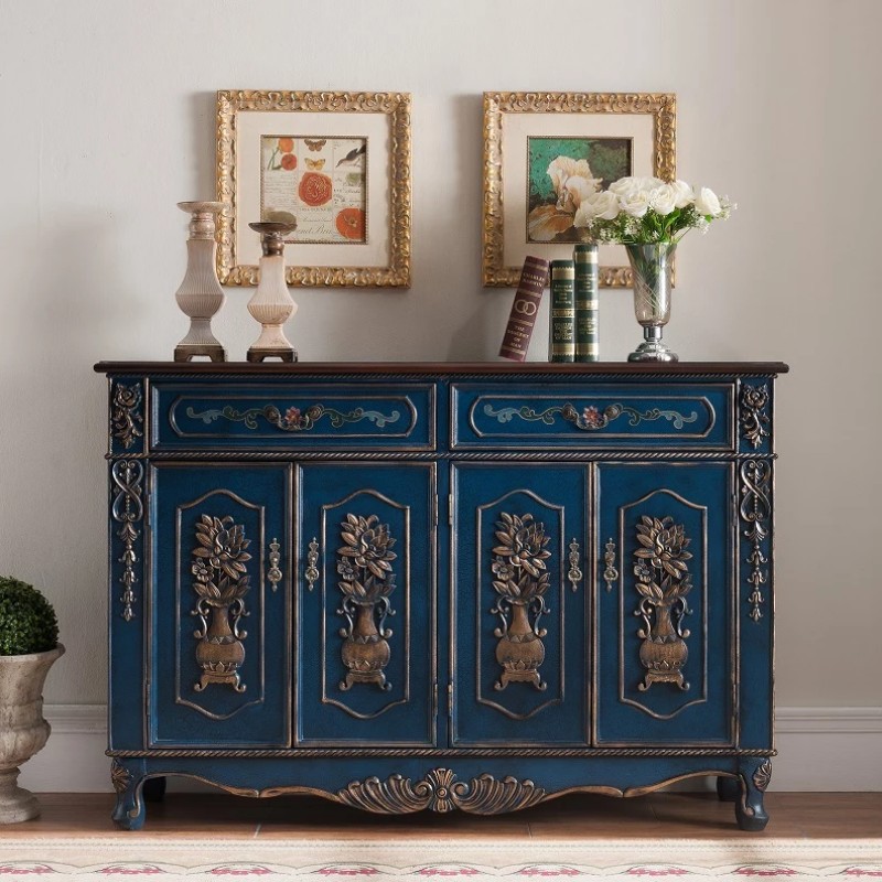 美式乡村雕花复古鞋柜q客厅隔断玄关柜仿古入户柜欧式彩绘实木鞋