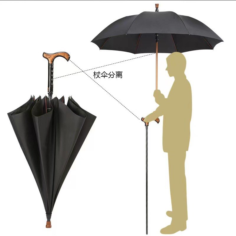 511雨伞 长柄伞两用防滑分离式登山加固防嗮老O人拐杖雨伞定制log
