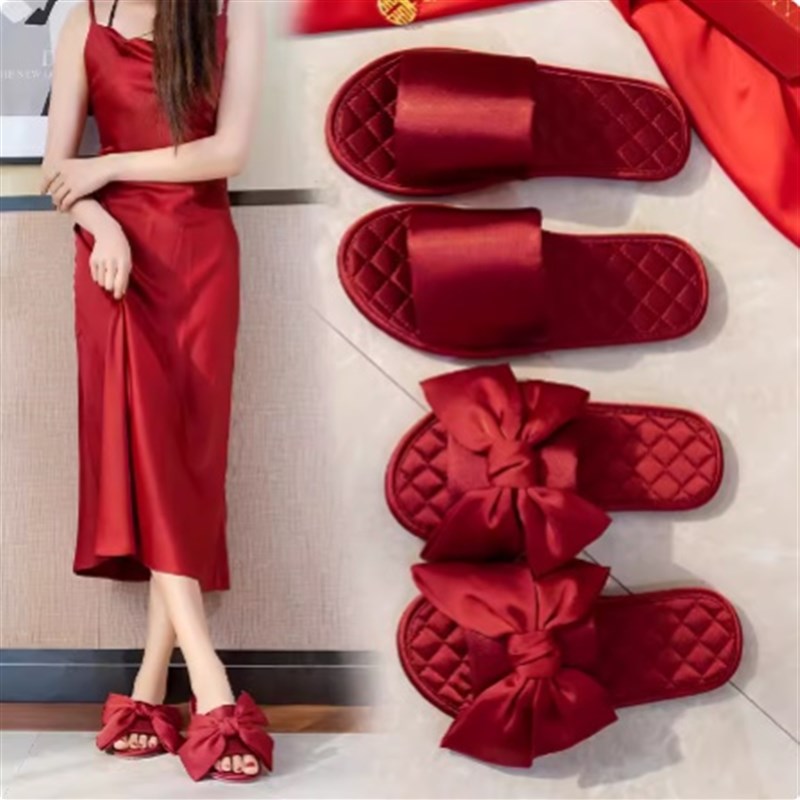 新婚情侣拖鞋高级感结婚女喜庆红色家H居一对婚礼陪嫁新娘晨袍婚