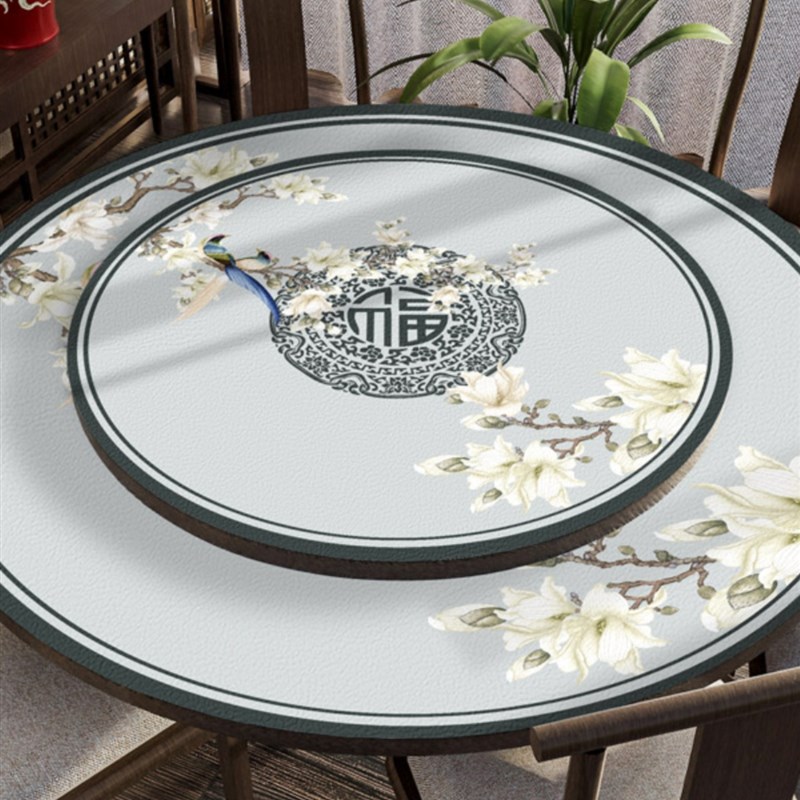 中式大圆桌桌垫圆形餐桌皮革垫带转盘防水防油防烫免洗轻奢高级感