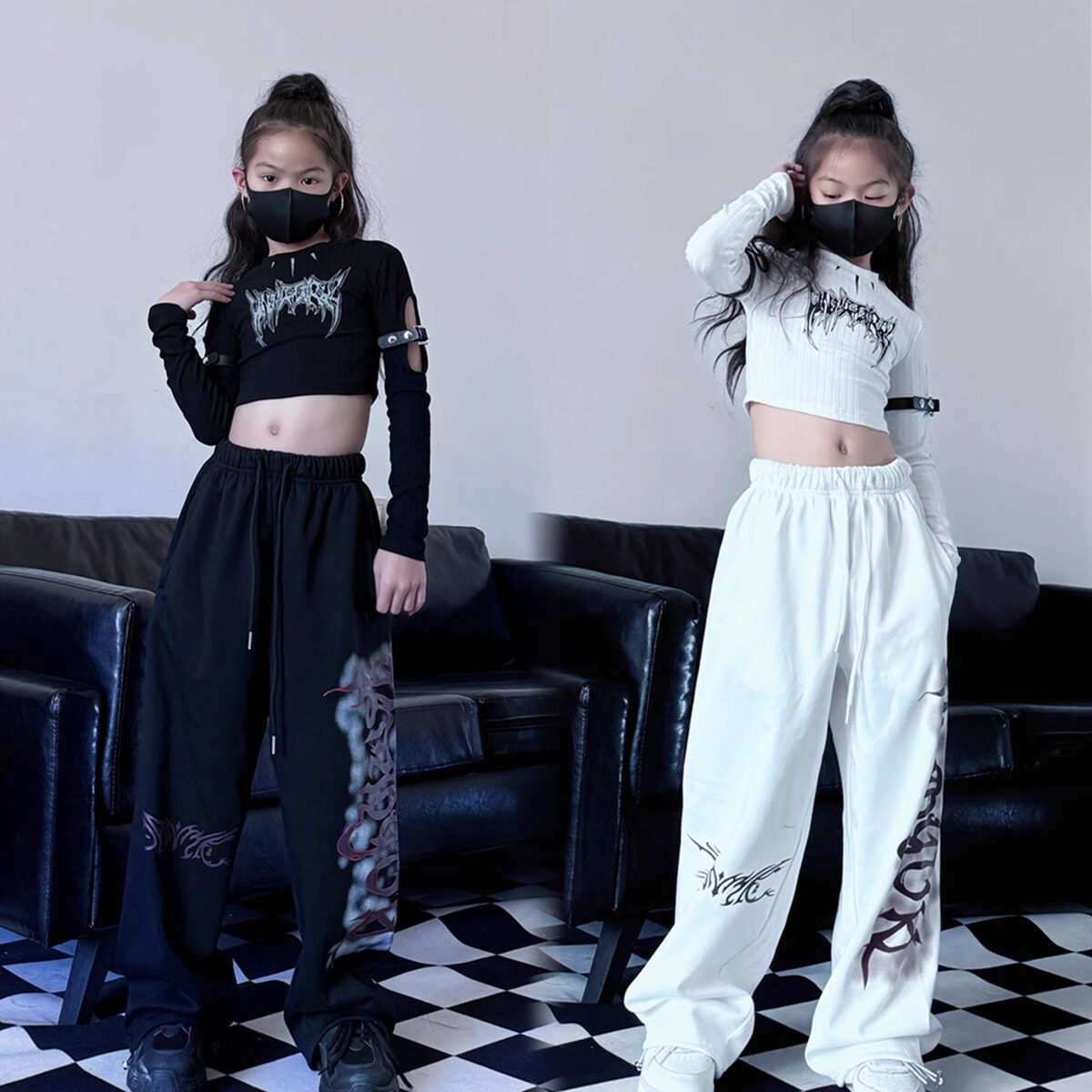 爵士舞服装女童新款潮酷女孩修身露脐眼T束脚卫裤套装街舞演出服