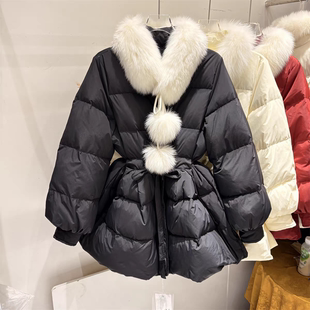 韩系设计感狐狸大毛领收腰女2025中长款冬季新款系带显瘦羽绒服潮