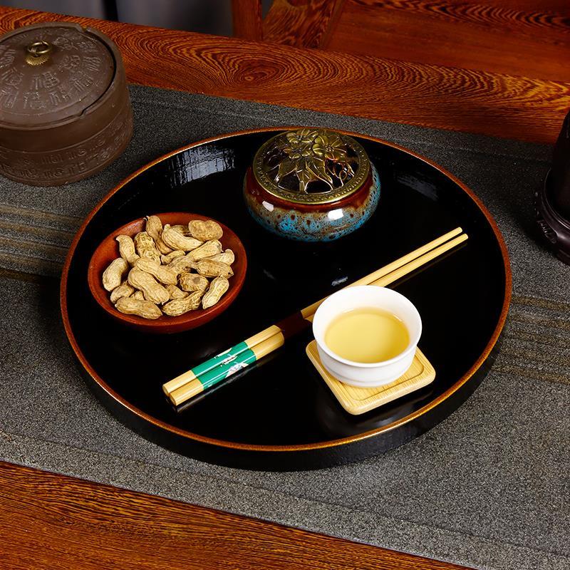 漆器茶盘托盘黑色圆形大漆工艺金边30CM茶具壶承高端复古风木盘子