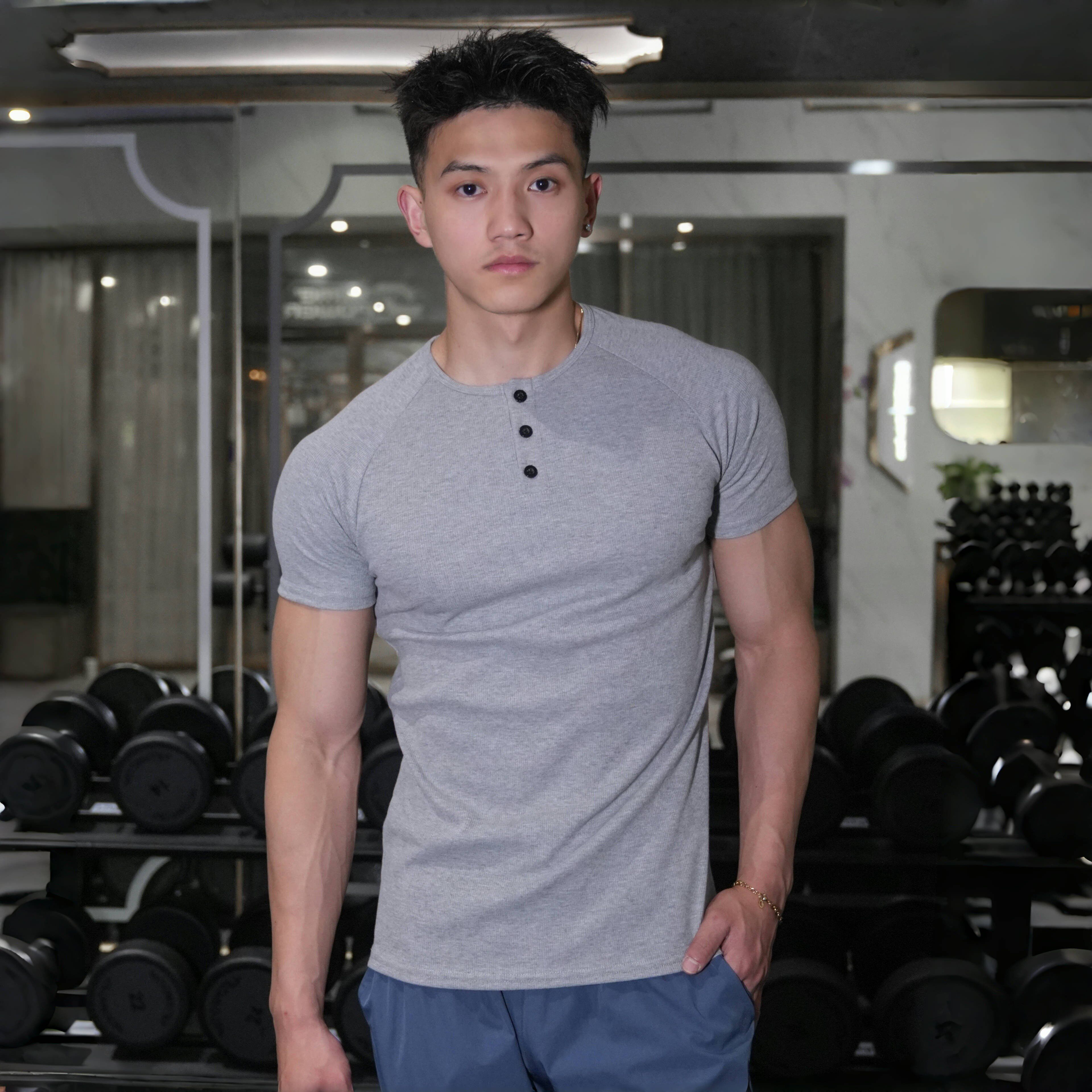 美式复古亨利领短袖男