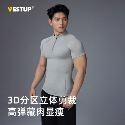 VEST UP【AGENT】半拉链立领短袖男t恤夏季透气无缝吸湿健身衣
