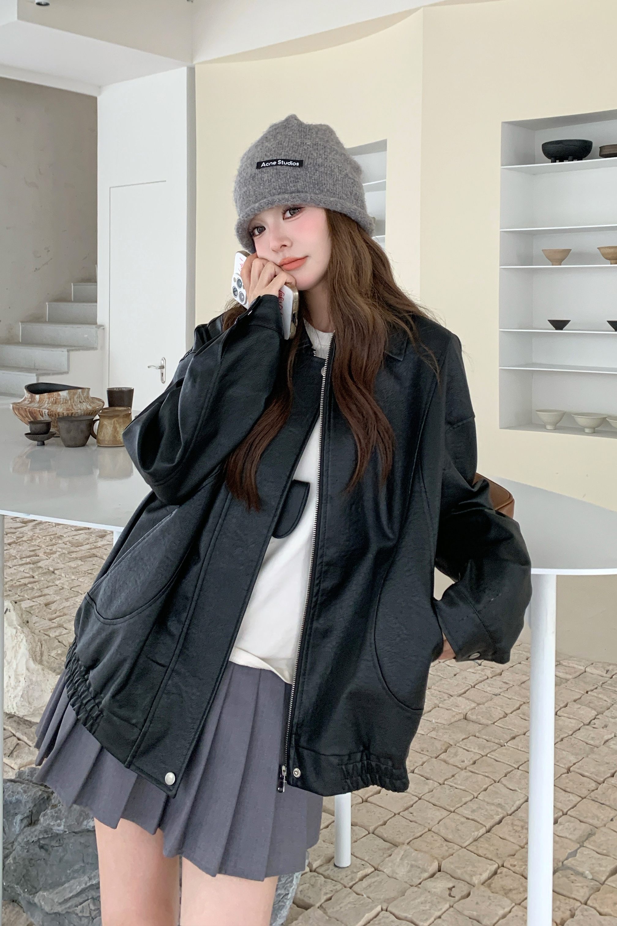 现货休闲宽松复古机车服上衣ZB200-27011-P125-K178，女装皮衣，浙宝200