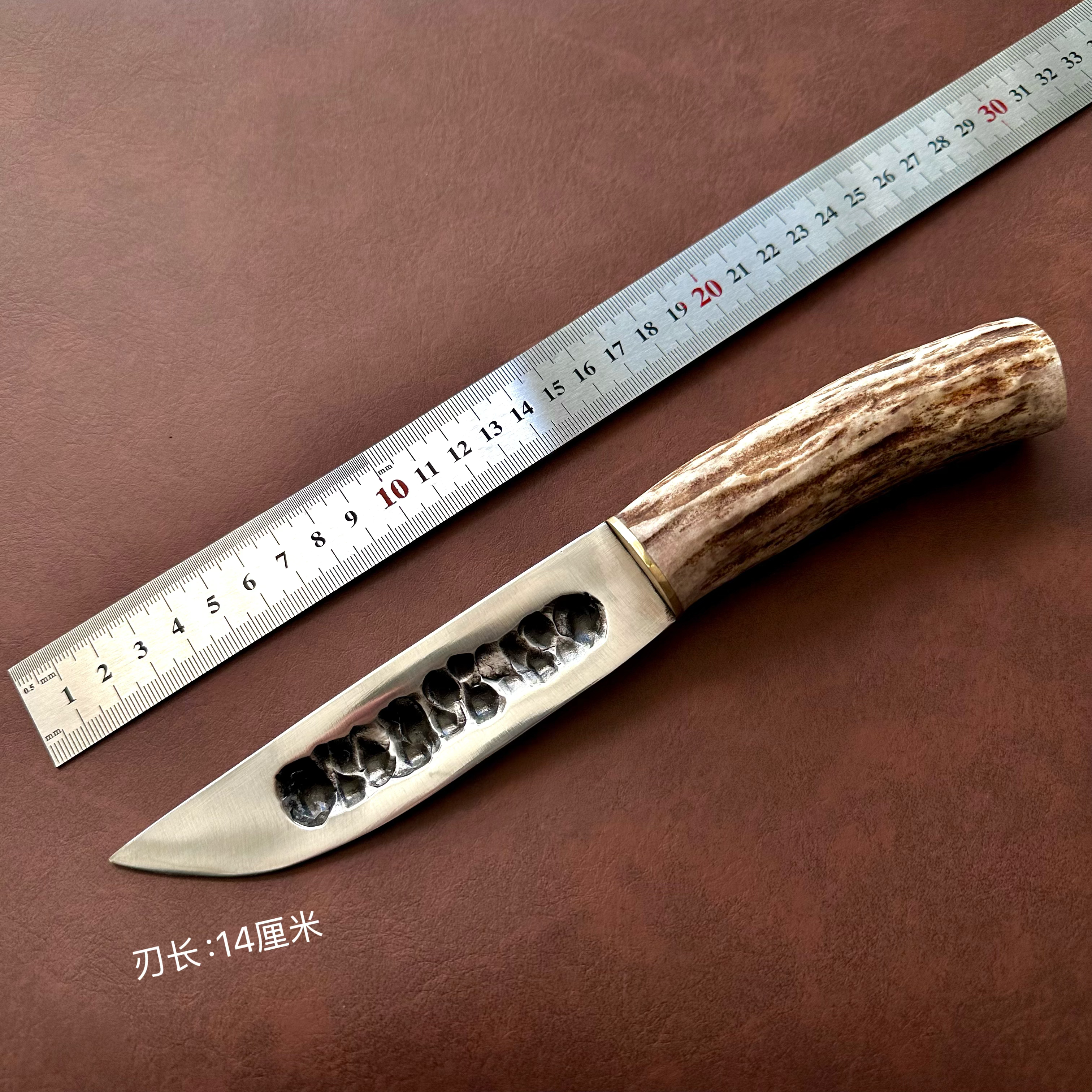 【老吴锻打】手工鹿角柄小刀雅库特户外小直刀单边刃锋利高硬度