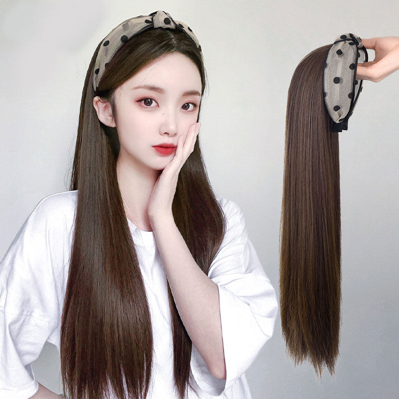 假发帽子一体网红时尚网纱发箍假发女长发韩版潮百搭黑长直半头套