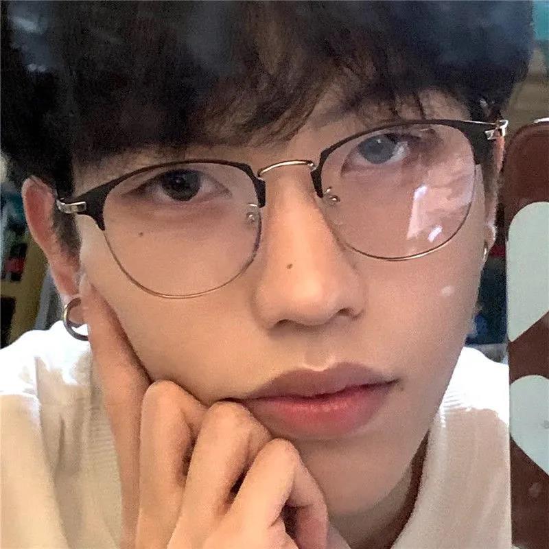 韩版潮眉线黑银斯文半框理工男眼镜大脸显瘦学生配近视度数防蓝光
