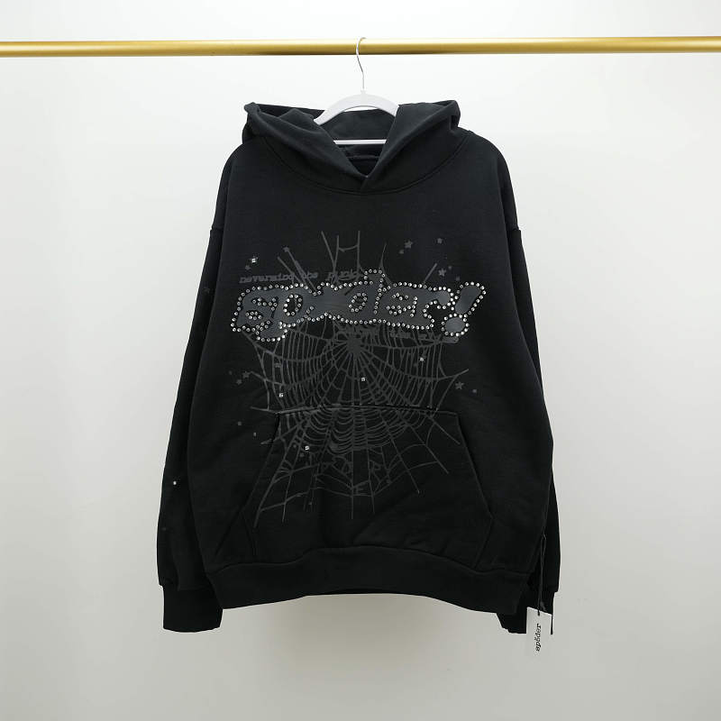 thumbnail for Rhinestone gray lettered spider web hooded sweatshirt