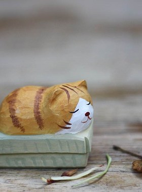 鹿妖商店 纸箱猫 求收养 橘猫 猫咪纯手工木雕 R实木桌面摆件 礼