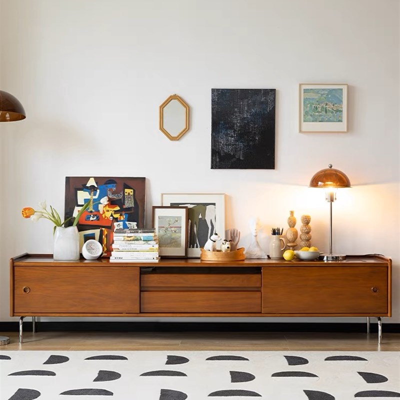 北欧实木复古电视柜茶几组u合日式简约家用储物柜现代中古轻奢地