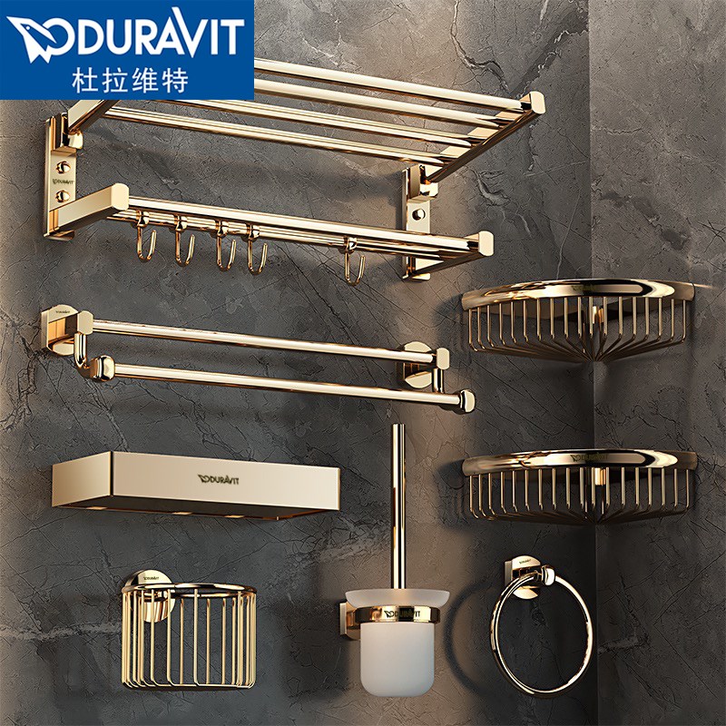 金色毛巾架子折叠全铜浴巾架卫生间免打孔浴室置T物架五金挂件套