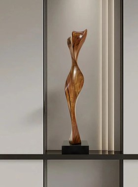 酒店大堂抽象木雕装饰摆件高档软装样板间玄关竖高实木雕塑艺术品