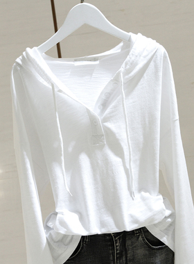 白色连帽长袖t恤女l2023春秋新款宽松显瘦竹节棉内搭打底衫上衣潮