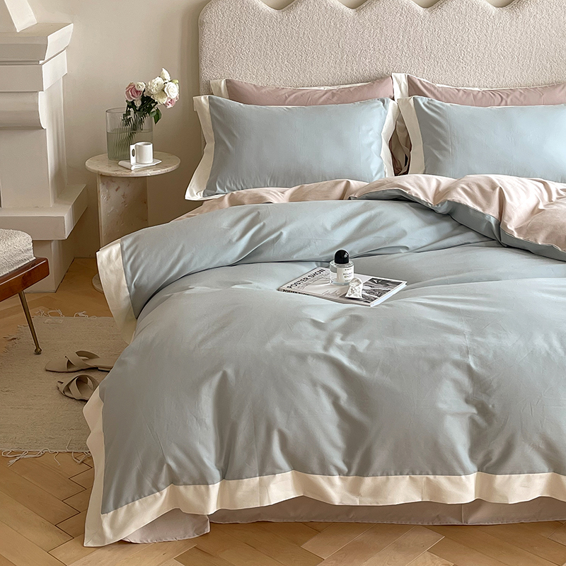 小清新纯a色100支全棉磨毛四件套简约宽边被套秋冬加厚床上用品1.