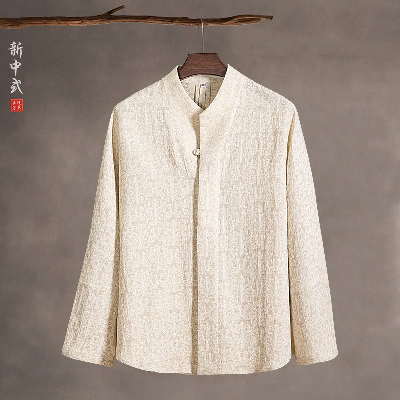 新中式休闲透气i棉麻提花唐装衬衫国潮交领暗纹落肩中山装茶服上