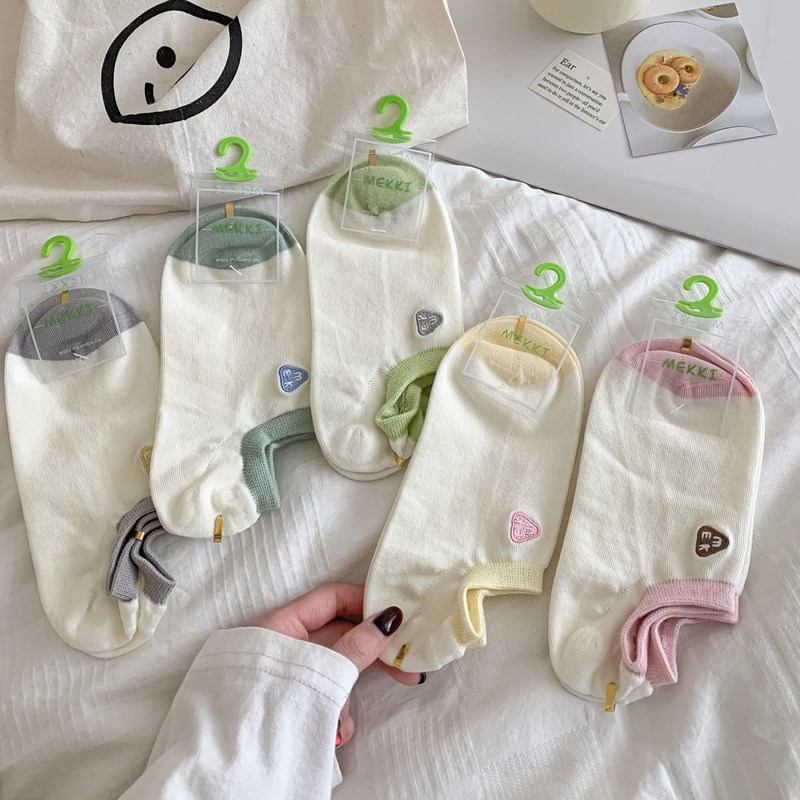 无骨船袜女纯棉夏季薄款刺绣撞色浅口短袜防臭防滑不掉跟隐形袜子