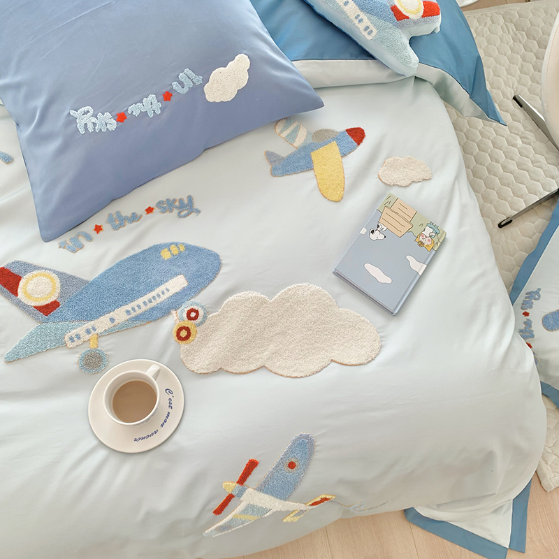 卡通100支长绒棉四件套r可爱云朵毛巾绣被套柔软全棉1.5m床上用品