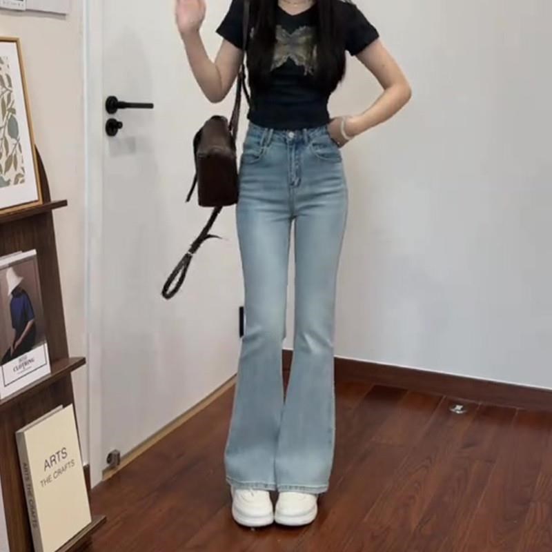 蓝色微喇牛仔裤女夏季薄款高腰显瘦垂感直筒K裤2024新款修身喇叭