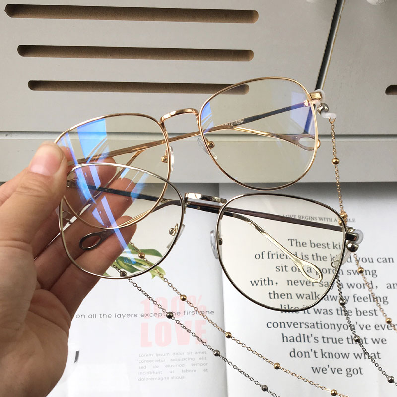 网红眼镜带链条平光复古眼镜眼睛框男全框潮韩版大框显Y瘦女金丝