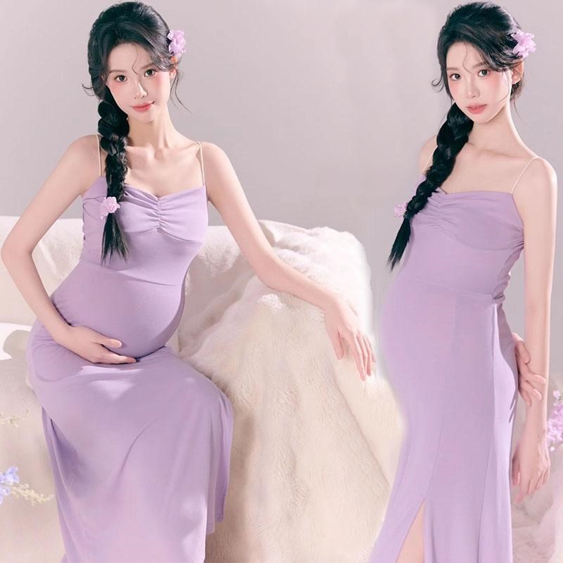 影楼新款纯欲风甜美孕妈咪t大肚照摄影服夏季小清新紫色吊带连衣