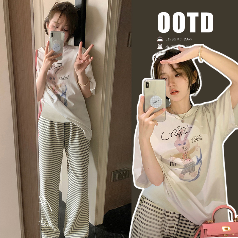 孕妇夏装套装f小个子薄款条纹阔腿裤上衣T恤宽松显瘦休闲托腹裤子