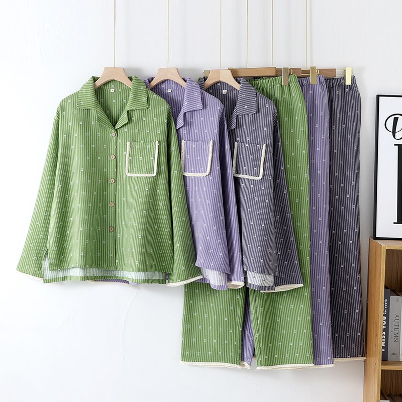 清新条纹睡衣女士春秋季长袖长裤纯棉纱布宽松家居服套装翻领开衫
