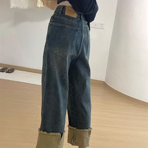 撞色卷边直筒牛仔裤子春秋款小个子高腰宽松N九分阔腿裤卷裤脚女