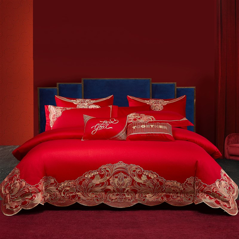 高档结婚四件套i奢华古典床上用品纯棉长绒棉龙凤红色四件套纯棉