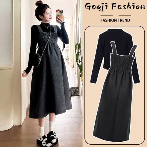 孕妇连衣裙秋装套装时尚洋气时髦2024新款毛呢背带裙两件套春秋款