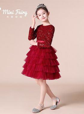 儿童生日礼服女童长袖公主裙蓬蓬纱裙女孩主持人比赛红色礼服冬款