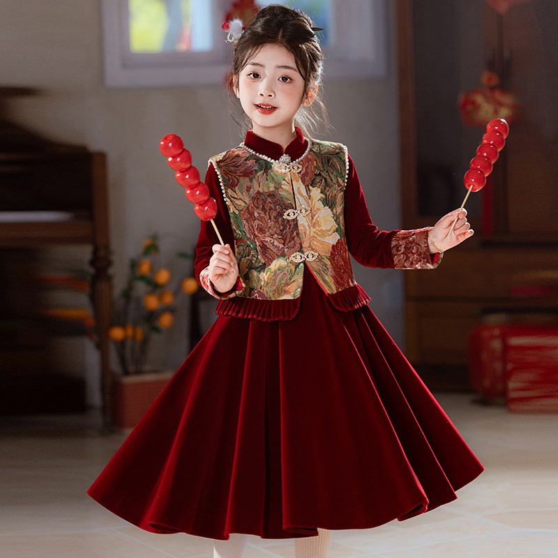 红色中国风礼服女童新年秋冬季花童小女孩生日公主裙儿童演出旗袍