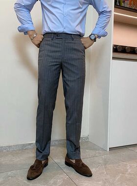 秋季新款商务正装免烫p修身直筒条纹西裤男士休闲垂感潮流西装裤