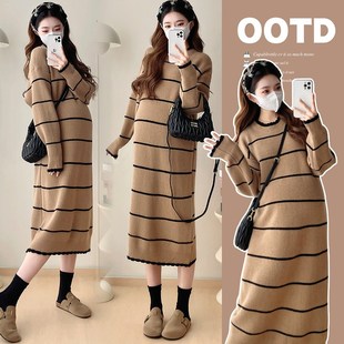 秋冬装 Y韩版 长袖 孕妇裙秋装 怀孕裙 条纹针织连衣裙2024新款 孕妇装