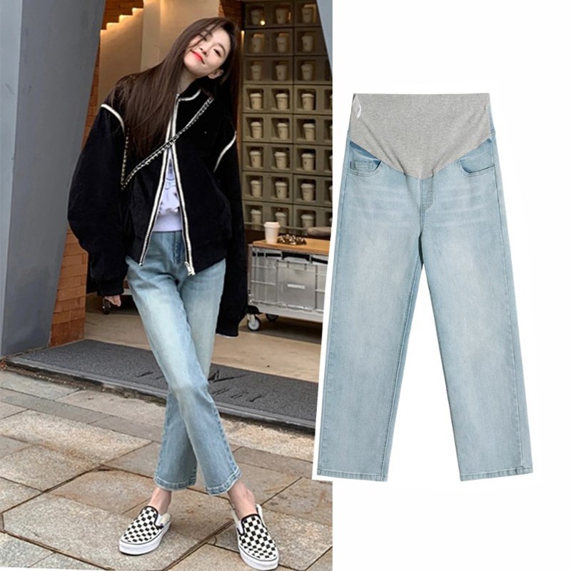 孕妇裤子秋冬款外穿小个子加x绒老爹打底裤冬季加厚浅蓝牛仔裤冬