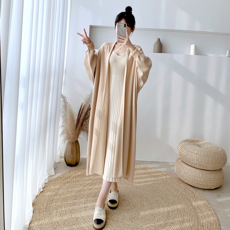 2024韩版针织开衫外套女春秋新款宽松慵懒风中长款V过膝毛衣披肩