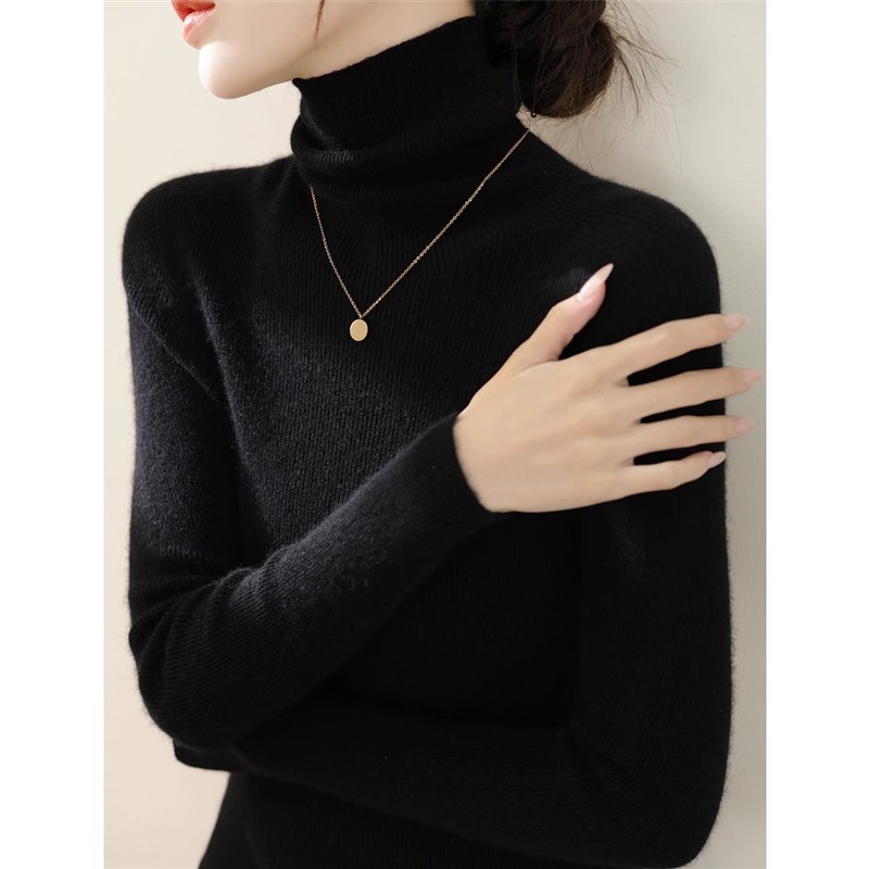 黑色堆堆领针织打底衫女秋冬季修身软糯毛衣配大T衣的高领内搭上