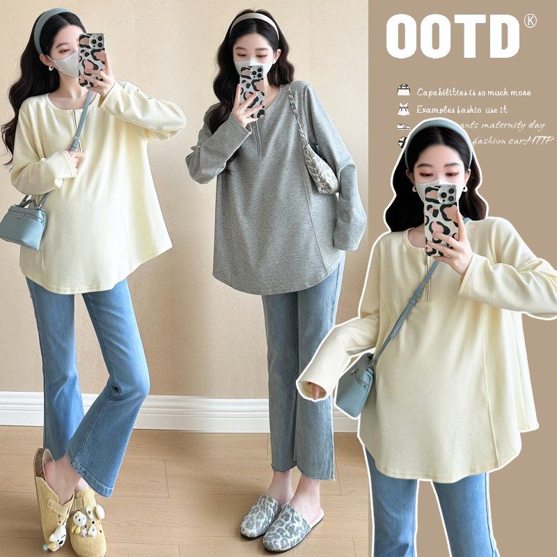 2025春装新款孕妇上衣大码宽松A休闲时尚长袖半拉链韩版显瘦T恤衫,孕妇装/孕产妇用品/营养,T恤,淘宝优惠券,粉丝福利购,淘宝优惠卷