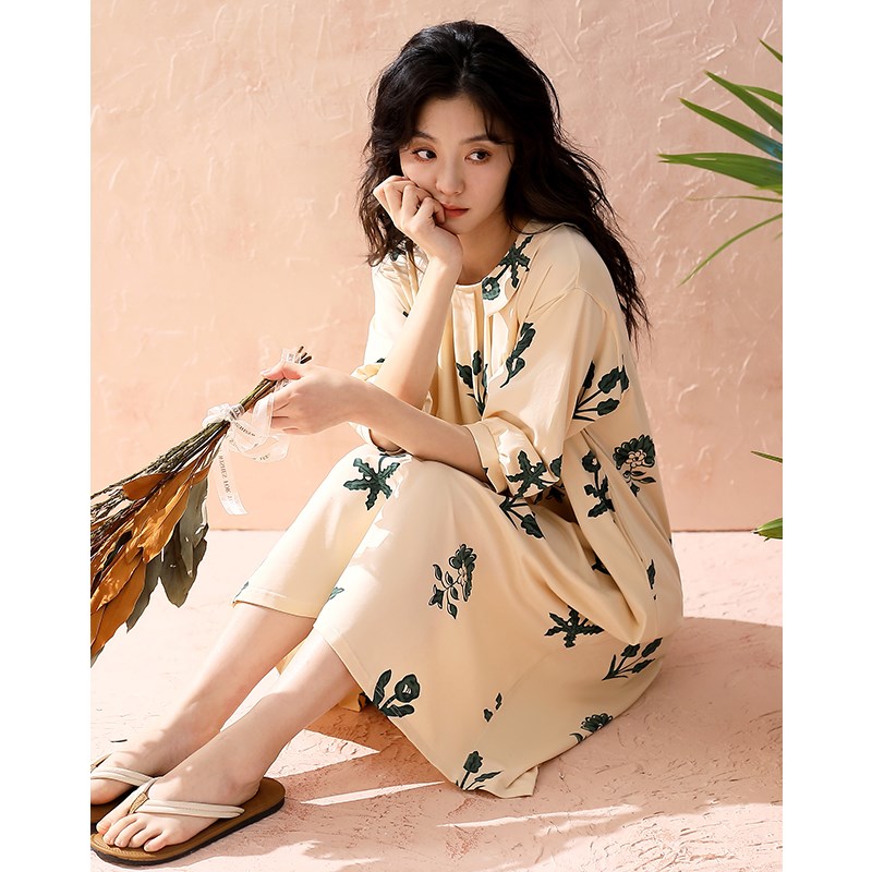 女士睡裙夏季纯棉半袖宽松大码日系长款睡衣夏天甜美长裙连衣裙子
