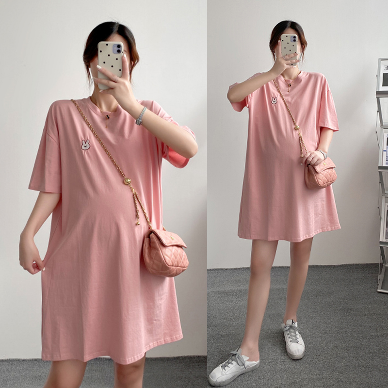 大码孕妇短袖Th恤中长款宽松夏装连衣裙休闲外穿哺乳半袖体恤裙潮