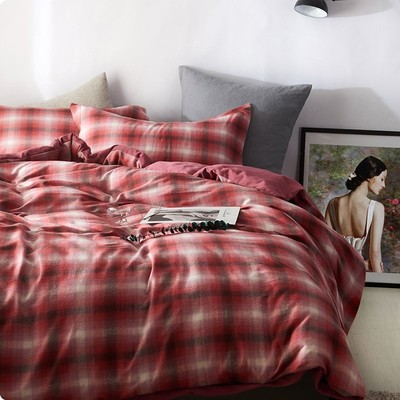 全棉加厚磨毛床上用品床单被套220240四件套纯棉色织拉绒简约格子