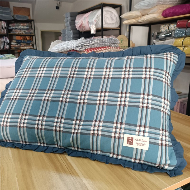 水洗纯棉韩式f花边枕头套学生格子40*60小清新成人48*74一对装