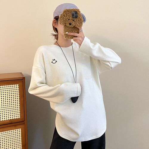 白色圆领笑脸刺绣磨毛长袖t恤女秋冬加绒打底P衫内搭宽松大版上衣